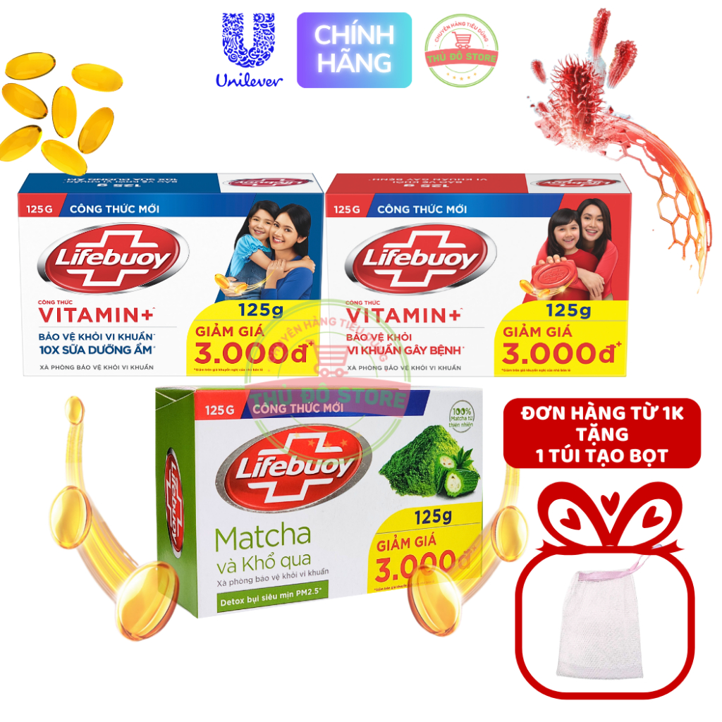  Bánh Xà Phòng Lifebuoy Với Vitamin+ Bảo Vệ Khỏi 99.9% Vi Khuẩn - Bánh To 125G  Tặng Túi Tạo Bọt Theo Đơn  