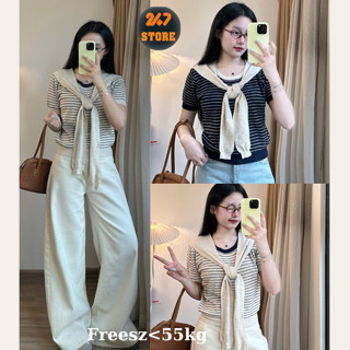 Áo len ngắn tay nữ cổ tròn kẻ ngang phối khăn muối tiêu trẻ trung chất mongtoghi đanh 247STORE Aolenphoikhan108_P12k8