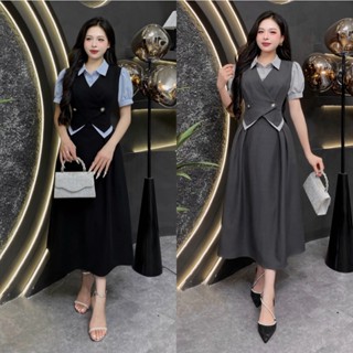EV60 - Váy Thiết Kế Evii dành cho nữ, thiết kế cổ đức phối kẻ, đáp chéo trước ngực cách điệu dáng A xoè dài.