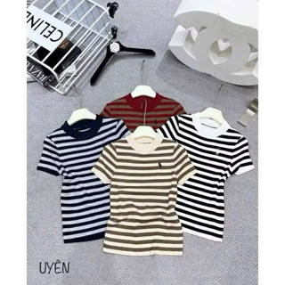  Áo len kẻ ngang cổ tròn tay cộc thêu hình A100 