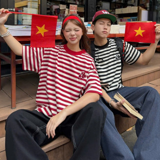  AB HOUSE - Áo thun sọc form rộng thêu nổi thời trang nam nữ 