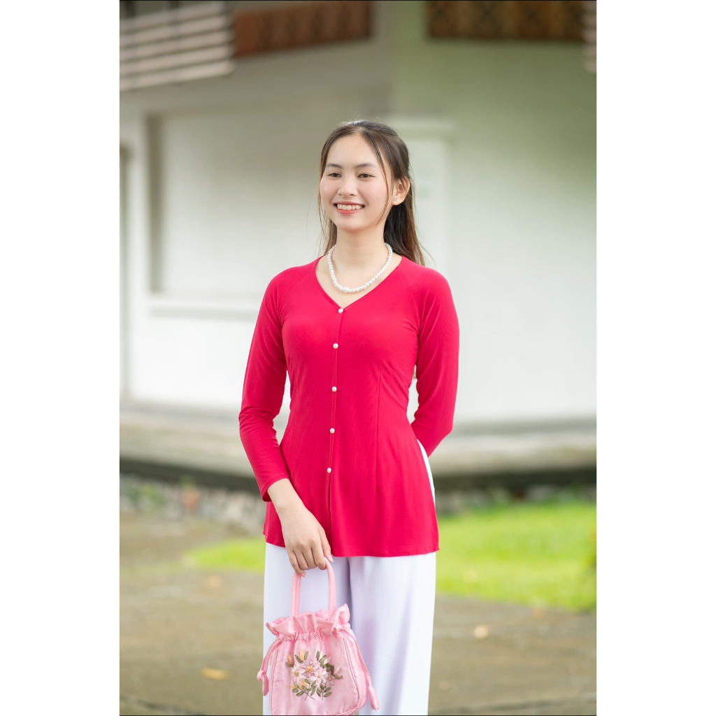 Áo bà ba nữ tay dài cổ tim, áo bà ba lẻ nhiều màu trơn basic, vải thun lạnh mềm mịn - Cúc Dưỡng