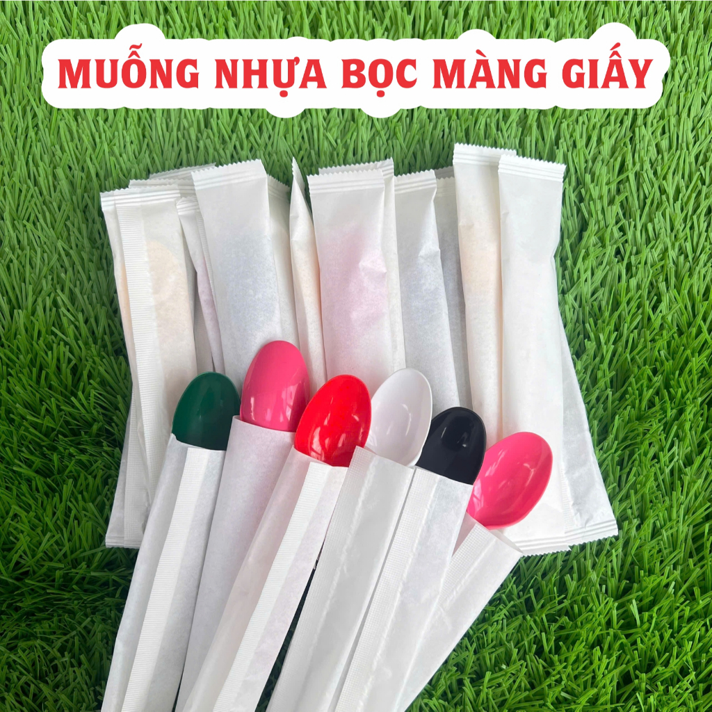 Muỗng nhựa bọc giấy, thìa nhựa 15cm bọc giấy, thìa cán ngắn bọc giấy, muỗng cơm, muỗng chè bọc màng 