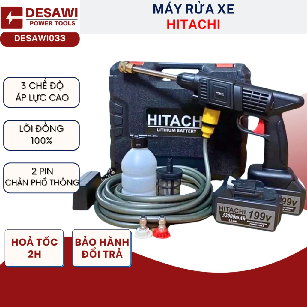 HÀNG RẺ! Máy Rửa Xe Hitachi 199V - Máy Xịt Rửa Sân Vườn, Máy Xịt Rửa Cao Ap Có Tạo Bọt Tuyết Tặng Kèm Bình Tạo Bọt