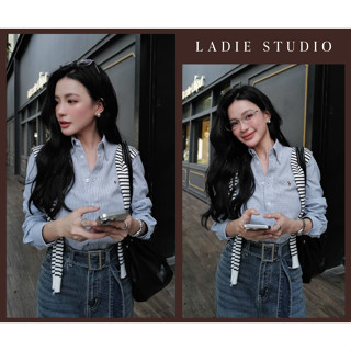 Áo Sơ Mi Nữ Dài Tay Dáng Suông Sọc Xanh Thêu Ngựa, AO104, Ladie Studio