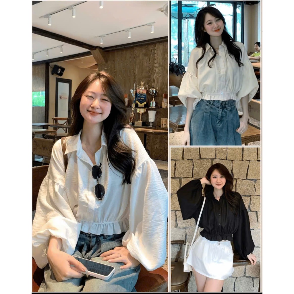 Áo sơ mi nữ Q3T áo sơ mi đũi vân mây tay bồng croptop siêu xinh dễ thương