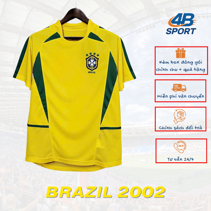 Áo Bóng đá Retro ĐT Brazil 2002, Vải polyester, form chuẩn, logo thêu, size M-XL