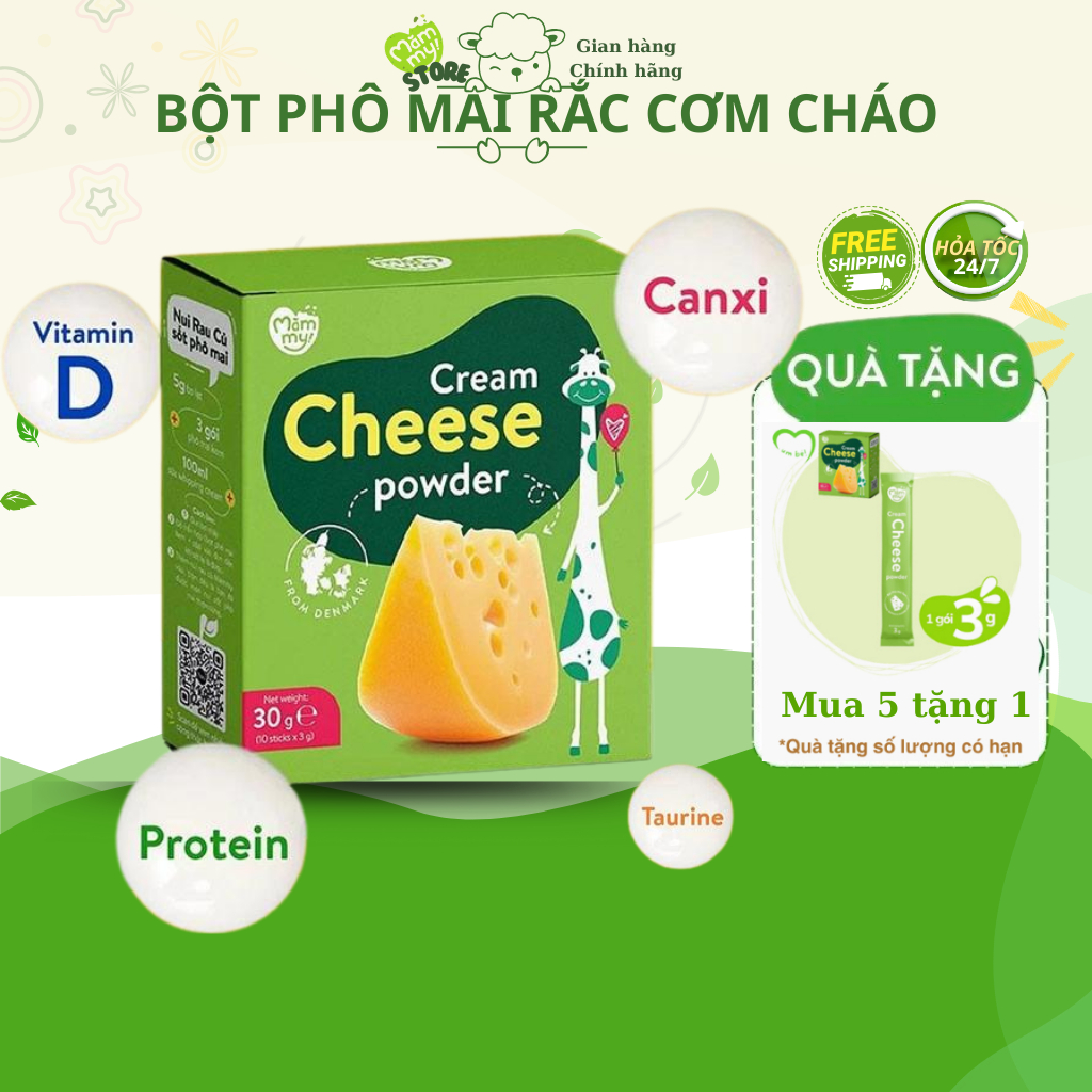 Bột Phô mai kem tách muối Mămmy cream cheese powder rắc cơm cháo cho bé ăn dặm hộp 10 ống (3g/ống)