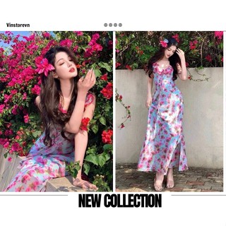 Đầm Xanh Biền HoA Hồng Nổi Bật Bèo Viền Hồng , Váy Hoa Retro Đi Biển Mùa Hè Rực Rỡ