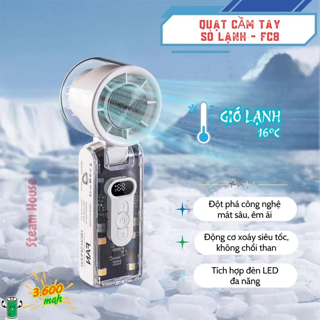 (Bảo hành 6T) Quạt Cầm Tay Mini FC8 Sò Lạnh Cao Cấp HighSpeed 100 tốc độ gió, pin 3600mah, tích hợp 