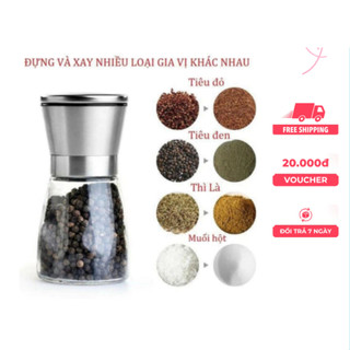 Dụng cụ xay tiêu cầm tay cao cấp, Lọ xay hạt tiêu thủy tinh nắp inox tiện dụng