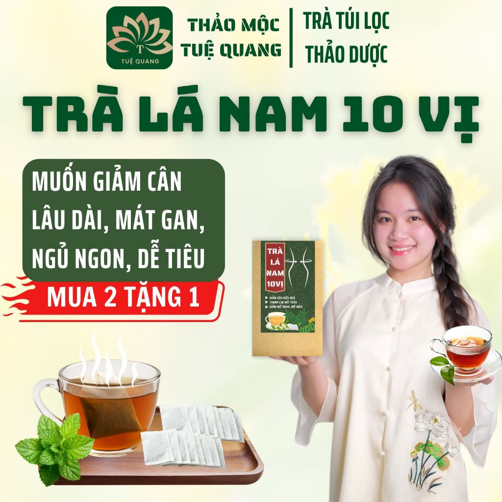 Trà lá nam 10 vị - Tuệ Quang - Hỗ trợ giảm cân, thải mỡ không tích nước, mát gan - Hộp 50 lọc