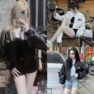 Áo Khoác Bomber Nữ Họa Tiết Cờ Ă.a, Áo Khoác Da Croptop Phong Cách Cá Tính Hottrend