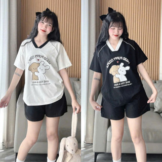  Set đồ nữ mặc nhà rẻ đẹp mùa hè bộ đùi nữ bộ quần áo nữ chất thun cotton in 2 thỏ ôm 