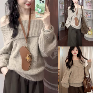   ẢNH THẬT  SẴN Áo len trễ vai màu nâu nhạt pastel dài tay bo gấu dịu dàng điệu đà tiểu thư style sang form khá rộng 