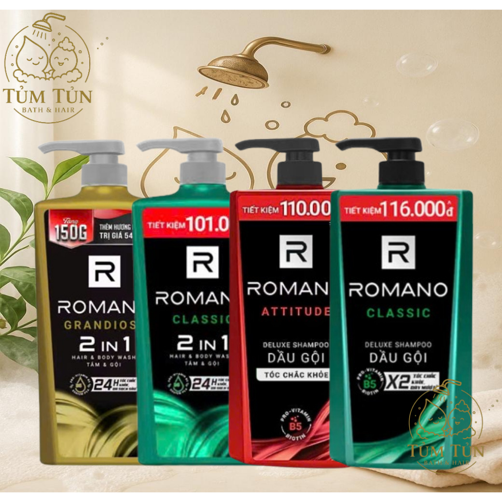 Dầu Gội/ Tắm Gội Romano Hương Nước Hoa 900g – Sạch Gàu, Thơm Lâu, Phong Độ Nam Giới