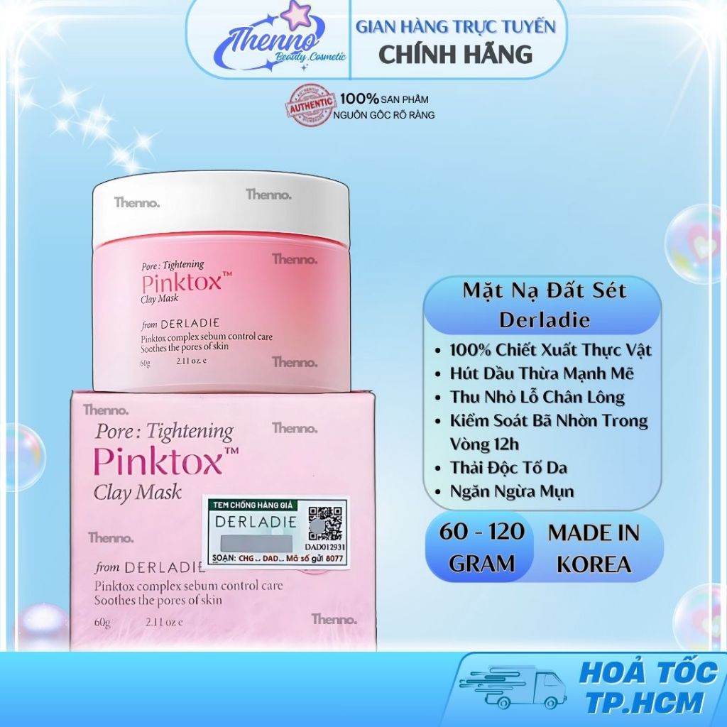 Mặt Nạ Đất Sét Hút Dầu Kiểm Soát Nhờn 12H Derladie Vegan Pink Clay Mask Deep Pore Tightening 60g/120