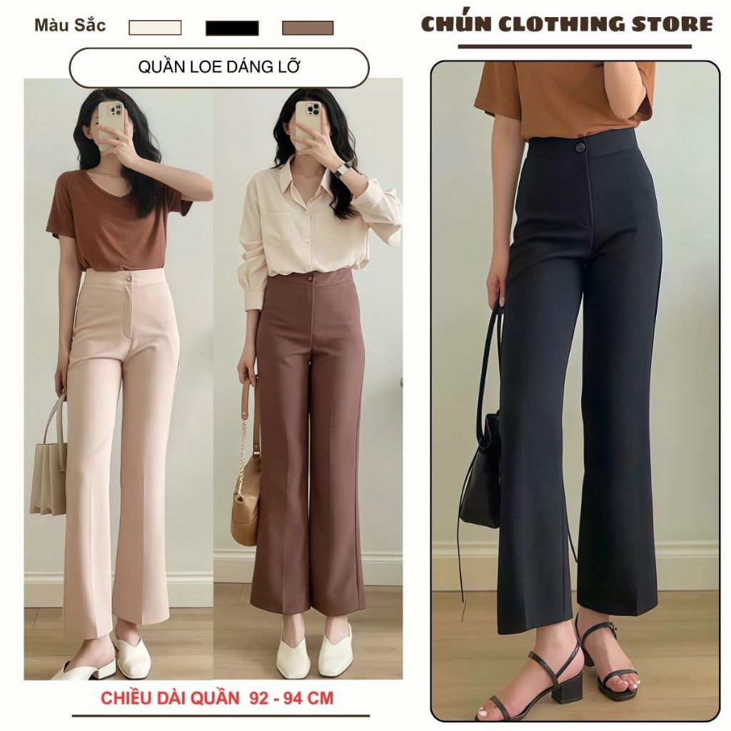 Quần Công Sở Nữ Ống Loe Cạp Cao Chất Tuyết Mưa Dáng Lỡ 1 Khuy Quần Tây Ống Vảy Nhẹ Tôn Dáng Trẻ Trung 055