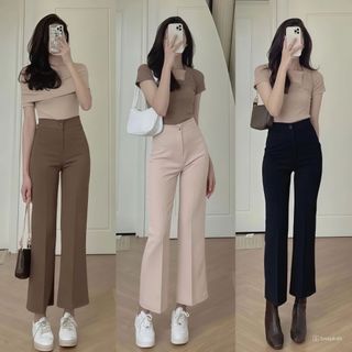 Quần Công Sở Nữ Ống Loe Cạp Cao Chất Tuyết Mưa Dáng Lỡ 1 Khuy Quần Tây Ống Vảy Nhẹ Tôn Dáng Trẻ Trung 055