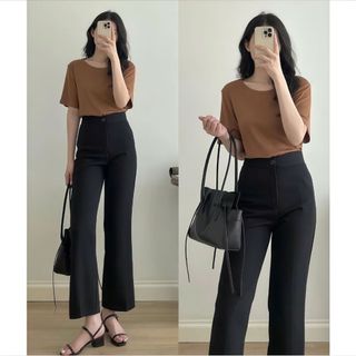 Quần Công Sở Nữ Ống Loe Cạp Cao Chất Tuyết Mưa Dáng Lỡ 1 Khuy Quần Tây Ống Vảy Nhẹ Tôn Dáng Trẻ Trung 055