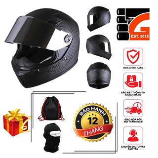   TẶNGTÚIĐỰNG + KHĂNTRÙM + BH12THÁNG  Mũ Bảo Hiểm Fullface AGU Đen vân Carbon A138 
