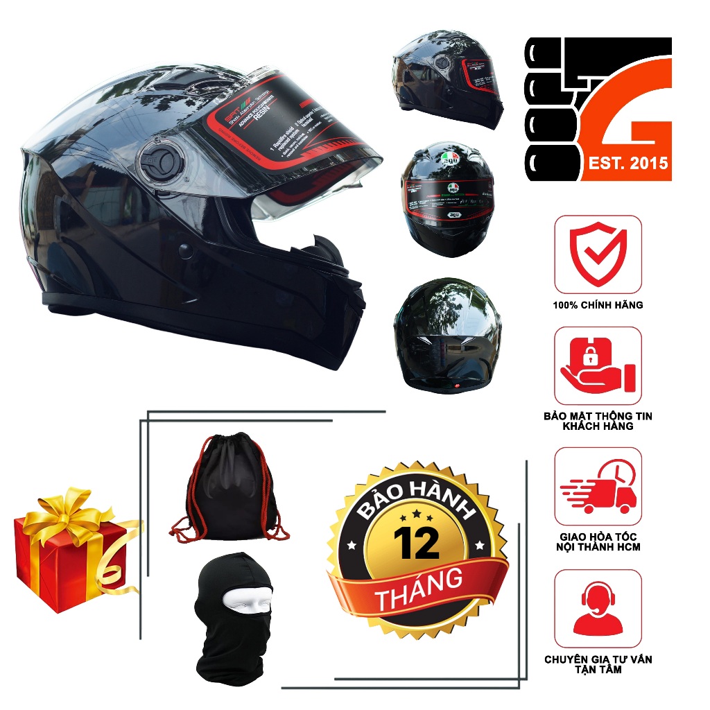 [TẶNGTÚIĐỰNG + KHĂNTRÙM + BH12THÁNG] Nón Fullface AGU đen bóng A138