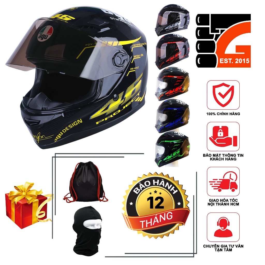[TẶNGTÚIĐỰNG + KHĂNTRÙM + BH12THÁNG] Nón bảo hiểm AGU fullface tem 46 A138