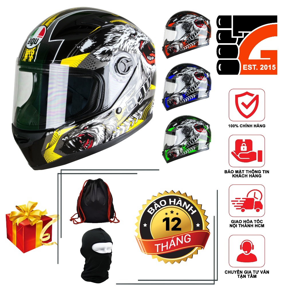 [TẶNGTÚIĐỰNG + KHĂNTRÙM + BH12THÁNG] Nón Bảo Hiểm FULLFACE AGU Tem Sói A138