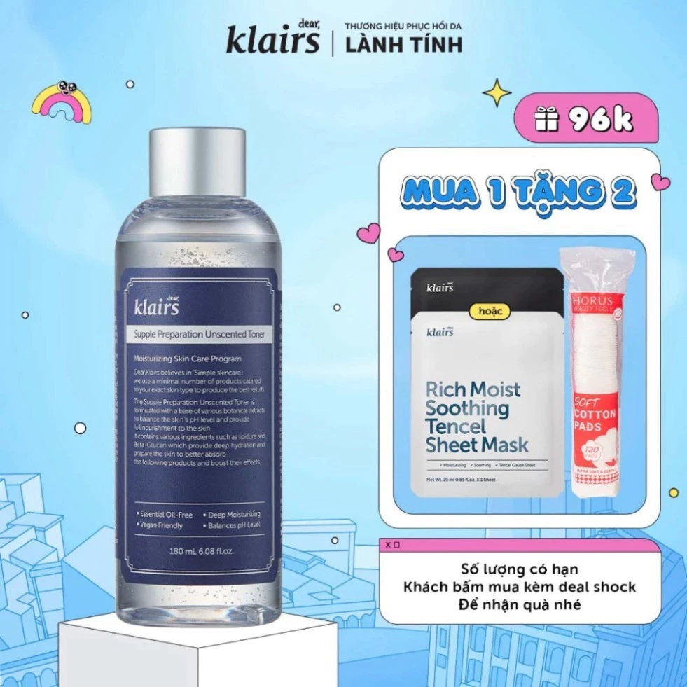 Nước Hoa Hồng Không Mùi Dear Klairs Supple Preparation Unscented Toner