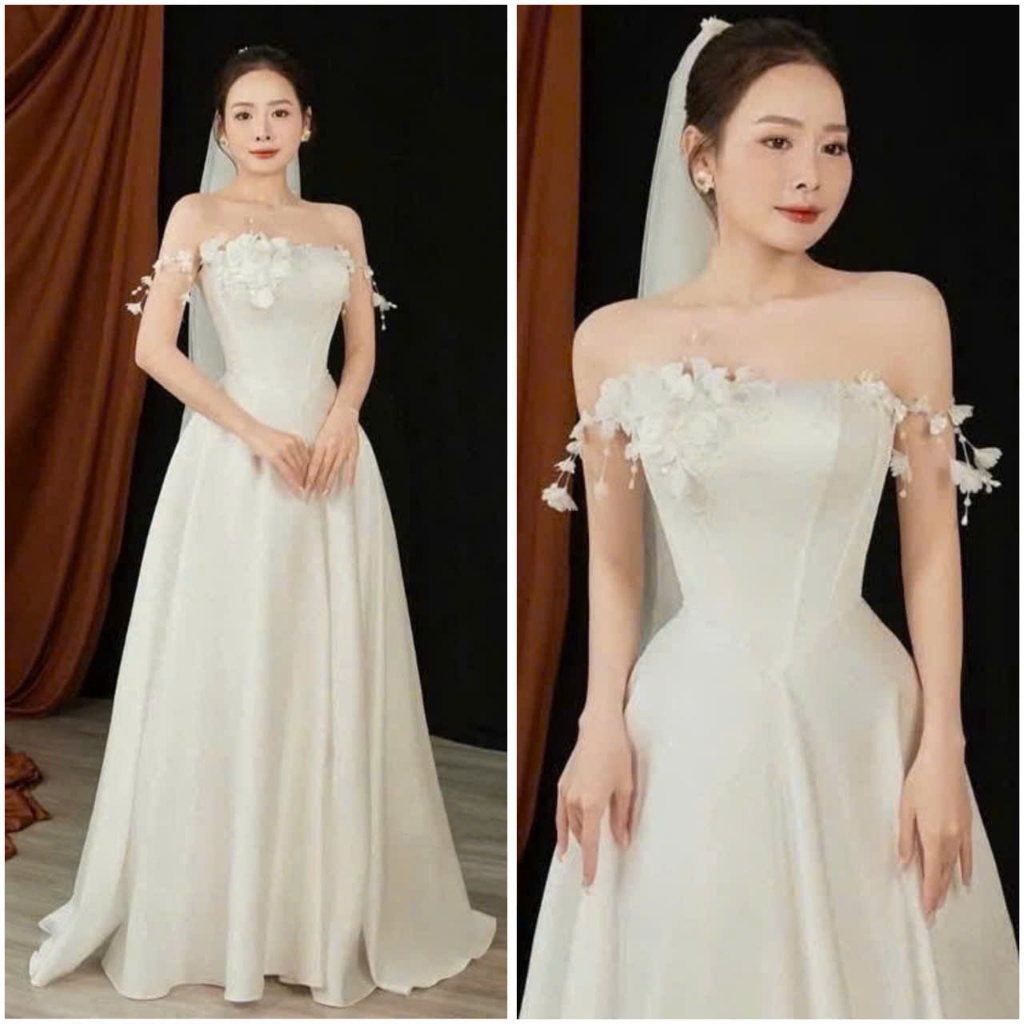 váy cưới đi bàn cô dâu dáng cúp phối dây hạt đính hoa siêu dễ thương full size s/m/l/xl (nhận may theo số đo bigsize)