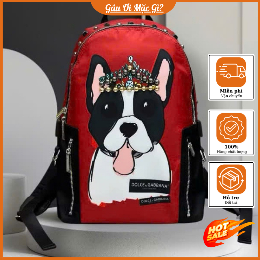 Balo DG Chó Bull Màu Đỏ Vương Miện Đính Đá 2025, Độ Hot Khỏi Bàn,Dày Dặn, Rộng Rãi