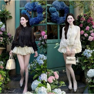  Sét váy nữ áo tơ tay loe dài phối bèo tầng cổ cao đính hoa dáng xòe phối chân váy bí bồng ngắn chất lụa có lót xinh xắn 