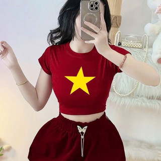Áo cờ đỏ sao vàng ,áo croptop kiểu nữ xinh hình thật.