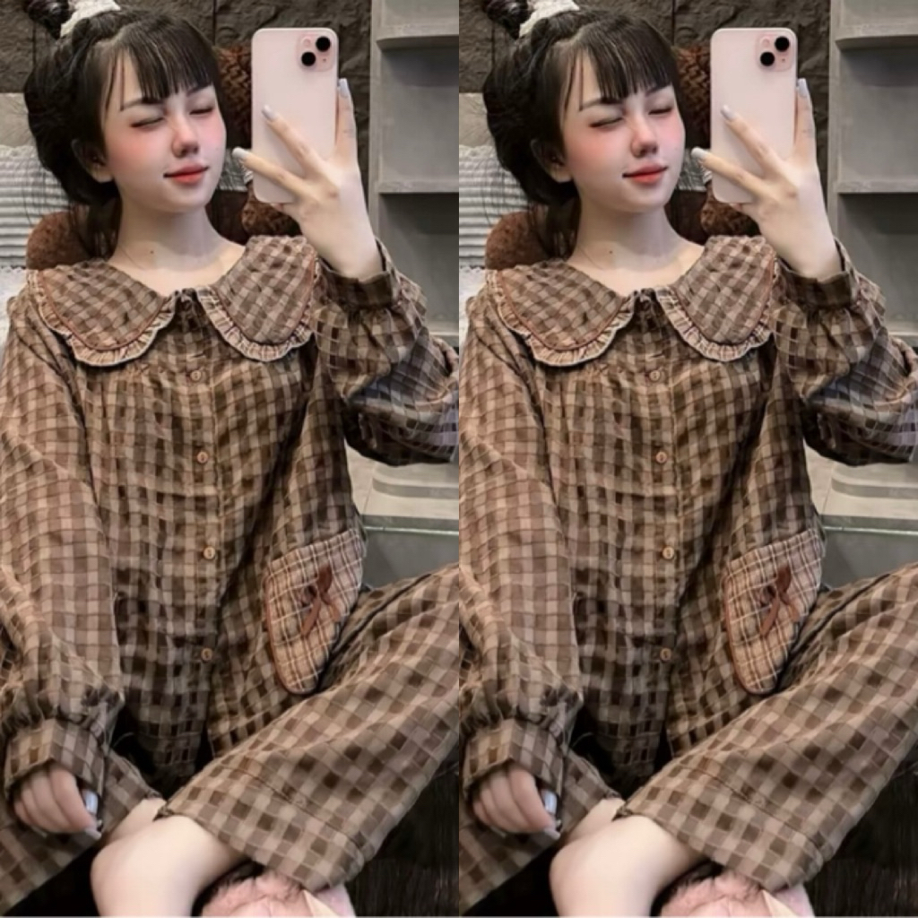 Set Bộ Ngủ Pijama Nữ Bộ Ngủ Vải Đũi Kẻ C92