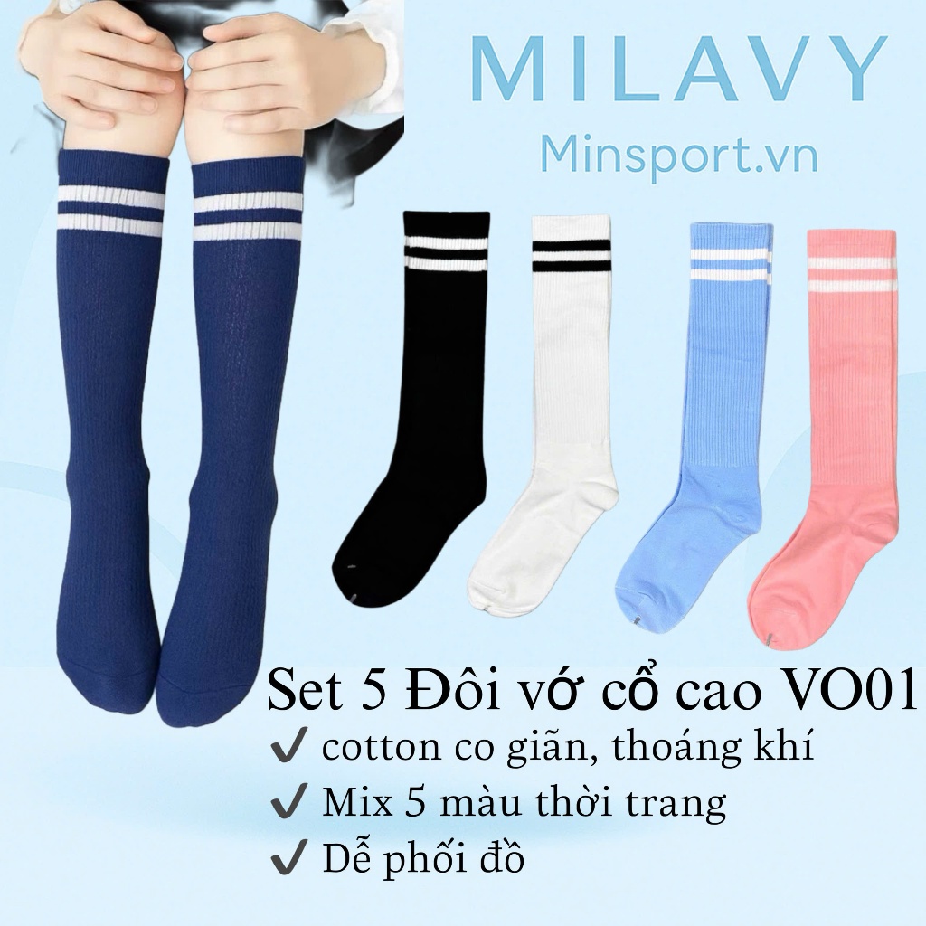 Combo 5 Đôi Tất Vớ Thể Thao MILAVY Cổ Cao Sọc Ngang Kiểu Dáng Hàn Quốc