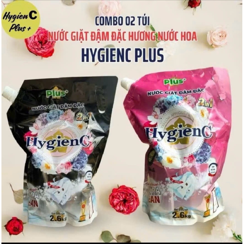 Combo 2 túi =5,2 kg nước giặt xả 2in1 HygienC hương hoa (1 túi x2,6kg) HygienC hương hoa lưu hương t