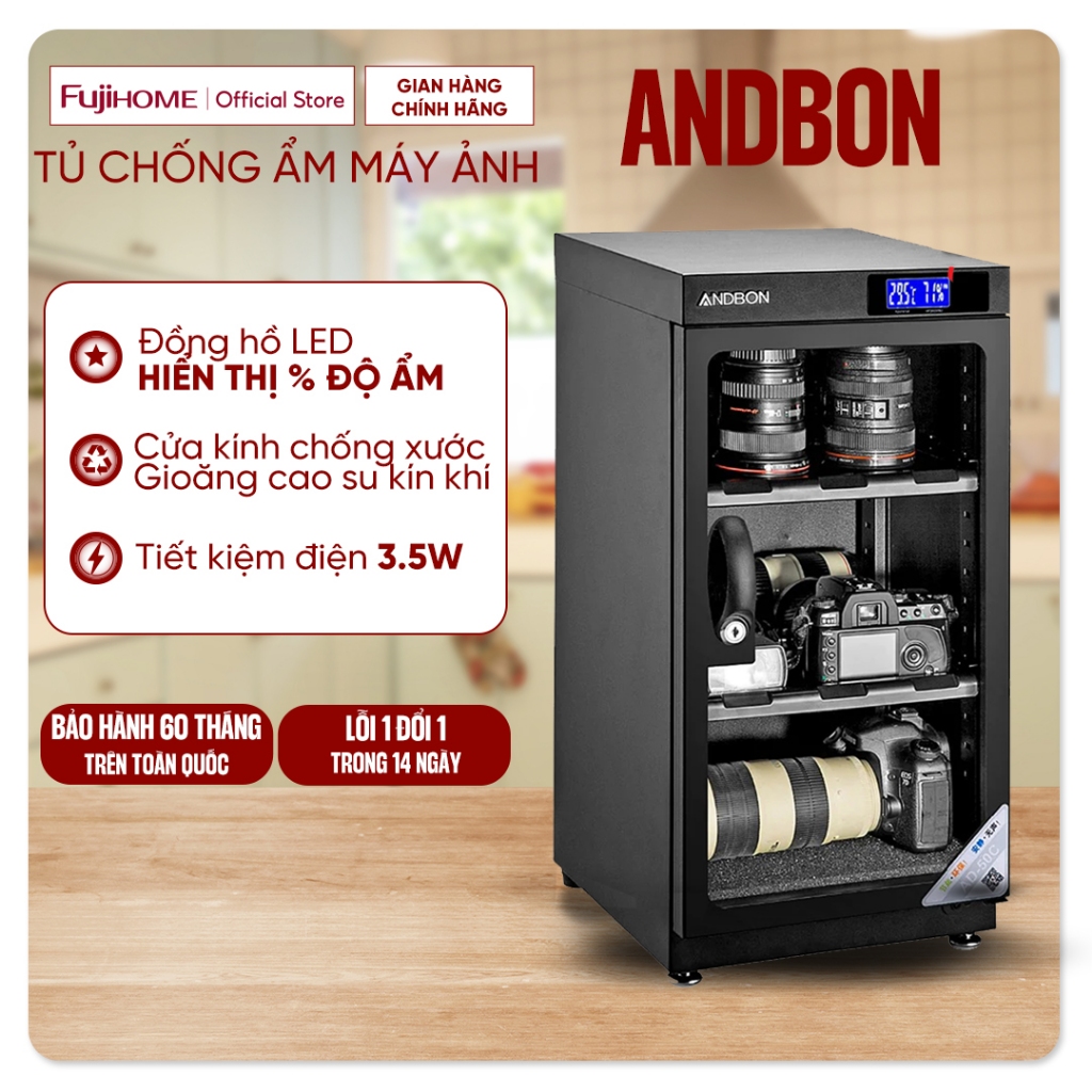 Tủ chống ẩm máy ảnh 50 Lít Andbon AD-50C nhập khẩu, tủ hút ẩm cài đặt chính xác độ ẩm,3 ngăn tiết kiệm điện dry cabinet