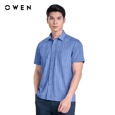 OWEN - Áo sơ mi ngắn tay Body Fit AB250064NT màu Xanh dương chất liệu Viscose-Polyester