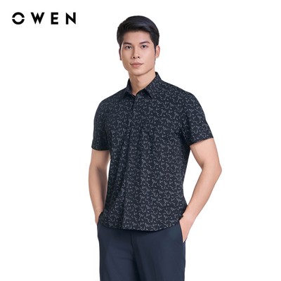 OWEN - Áo sơ mi ngắn tay Body Fit AB250122NT màu Đen chất liệu Viscose-Polyester