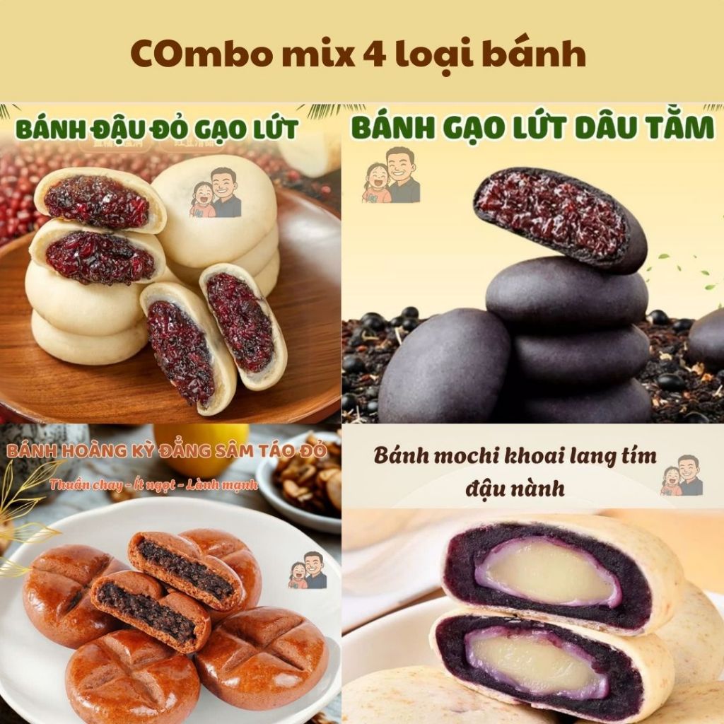 Combo 1kg mix 4 loại bánh: Gạo lứt đậu đỏ + Gạo lứt dâu tằm đen + Mochi khoai tím đậu nành + Hoàng k