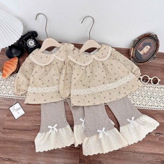 Bộ bé gái hoa nhí babydoll và quần cotton len ống loe ren gấu 10-30kg (ảnh thật) XHN1770