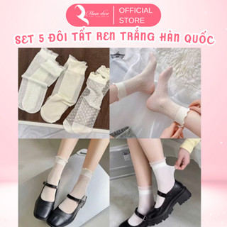Set 5 Đôi Tất Vỡ Nữ Cao Cổ Viền Bèo Phối Lưới Màu Trắng Vintage Hàn Quốc BT11