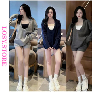  Sét đồ nữ 3 món chất tăm dài tay cổ sâu kèm áo bra mix quần sooc from thụng LOSY.STORE 