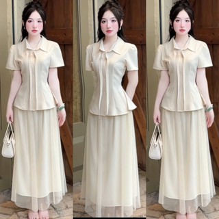 Mijustore B106 Sét thiết kế áo sơ mi phối chân váy lưới 2 lớp xòe sét công sở dự tiệc cao cấp