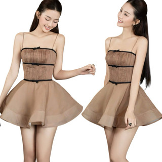  573 - Đầm Hai Dây Xếp Ly Ngực Viền Nơ 