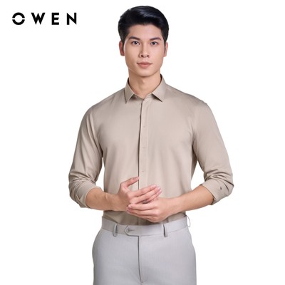 OWEN - Áo sơ mi dài tay Slim Fit AS250084D màu Be đậm chất liệu Viscose-Polyester-Spandex
