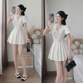  Đầm thời trang Nữ thơ mộng chất cotton tay ngắn bồng cổ V buộc dây nơ đáng yêu in chấm bi váy ngắn xếp ly kèm quần rời 