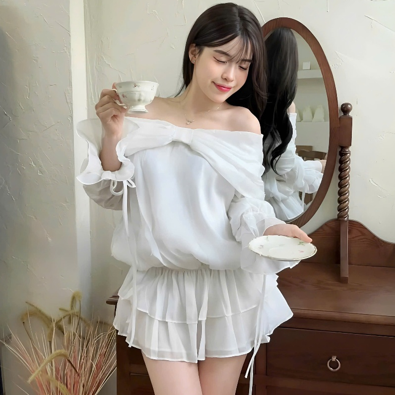 Váy Trễ Vai Phối Vạt Nơ Chất Liệu Tơ Xốp Nhún Hông Dáng Xòe Tặng Kèm Quần Trong | BigBuy360 - bigbuy360.vn