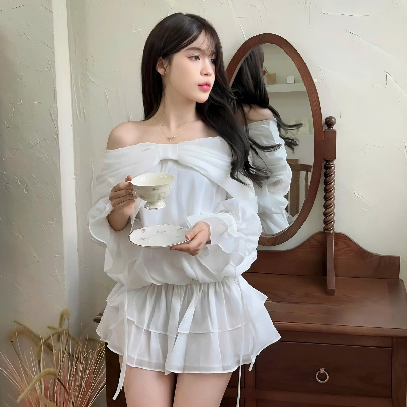 Váy Trễ Vai Phối Vạt Nơ Chất Liệu Tơ Xốp Nhún Hông Dáng Xòe Tặng Kèm Quần Trong | BigBuy360 - bigbuy360.vn