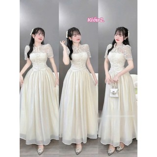  Đầm thời trang nữ thời thượng chất tơ nến phối ren tay ngắn cổ tròn có mút váy dáng maxi xòe sang chảnh 